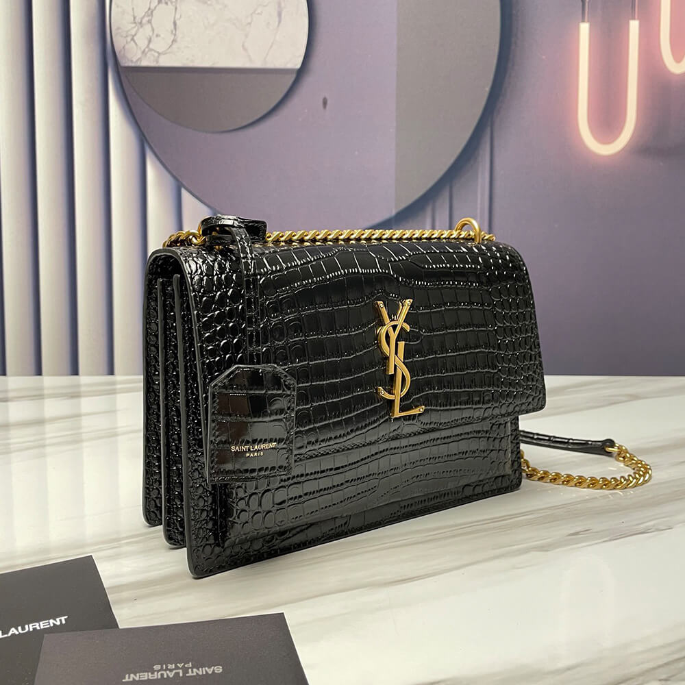 SUNSET MEDIUM CHAIN BAG IN CROCODILE-EMBOSSED SHINY LEATHER