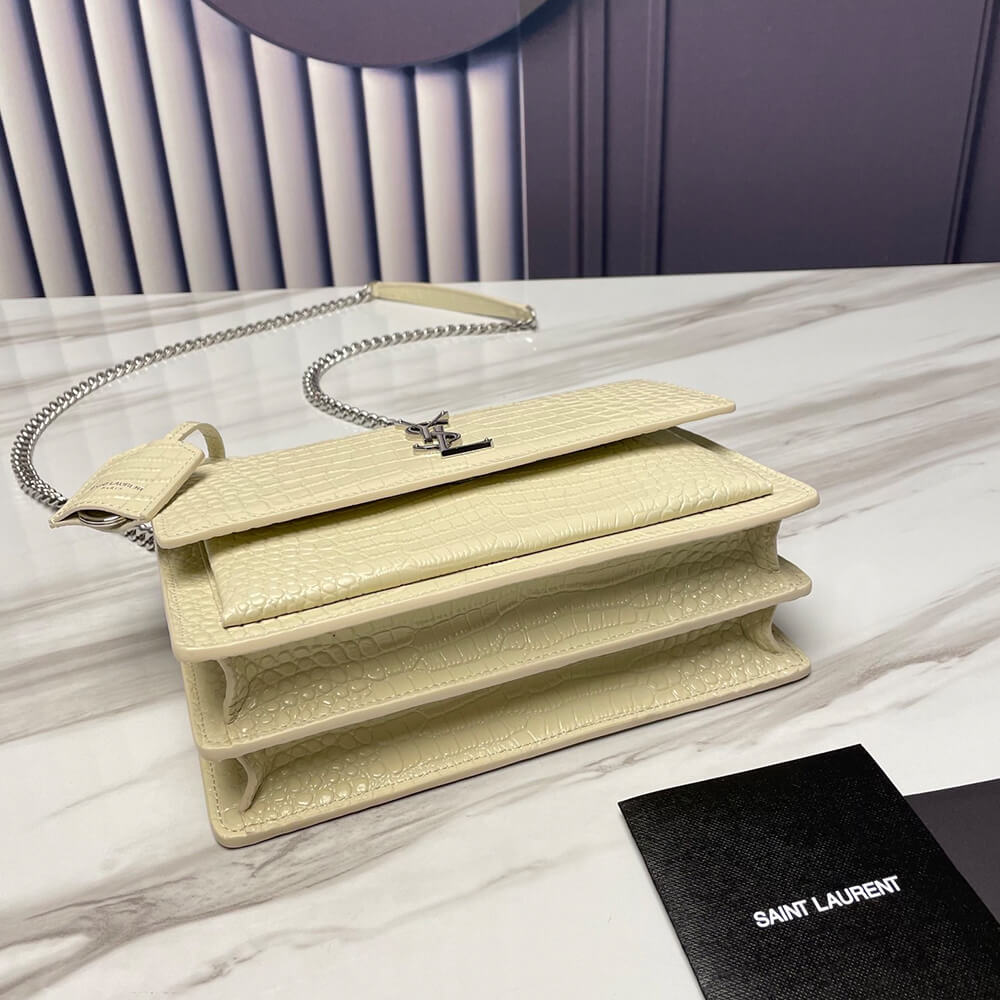 SUNSET MEDIUM CHAIN BAG IN CROCODILE-EMBOSSED SHINY LEATHER