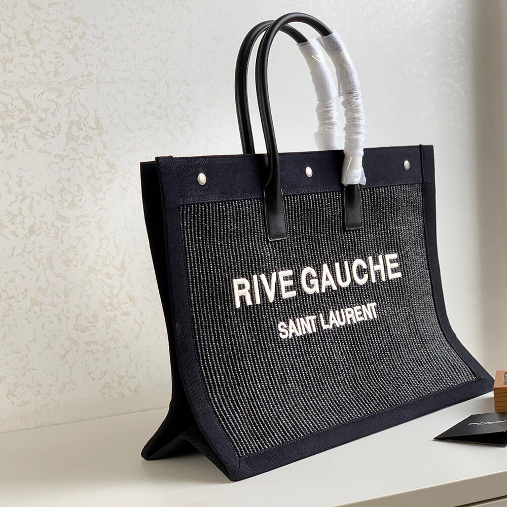 RIVE GAUCHE LARGE TOTE BAG IN EMBROIDERED RAFFIA AND LEATHER